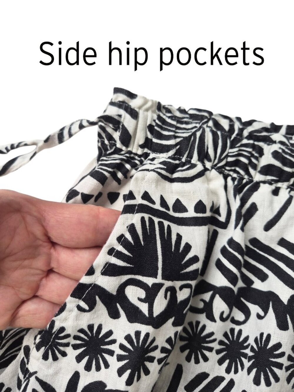 Rachel Zoe Linen Tropical BW Tribal Print Wide Leg Pants Pull on Drawstring M - Picture 5 of 13